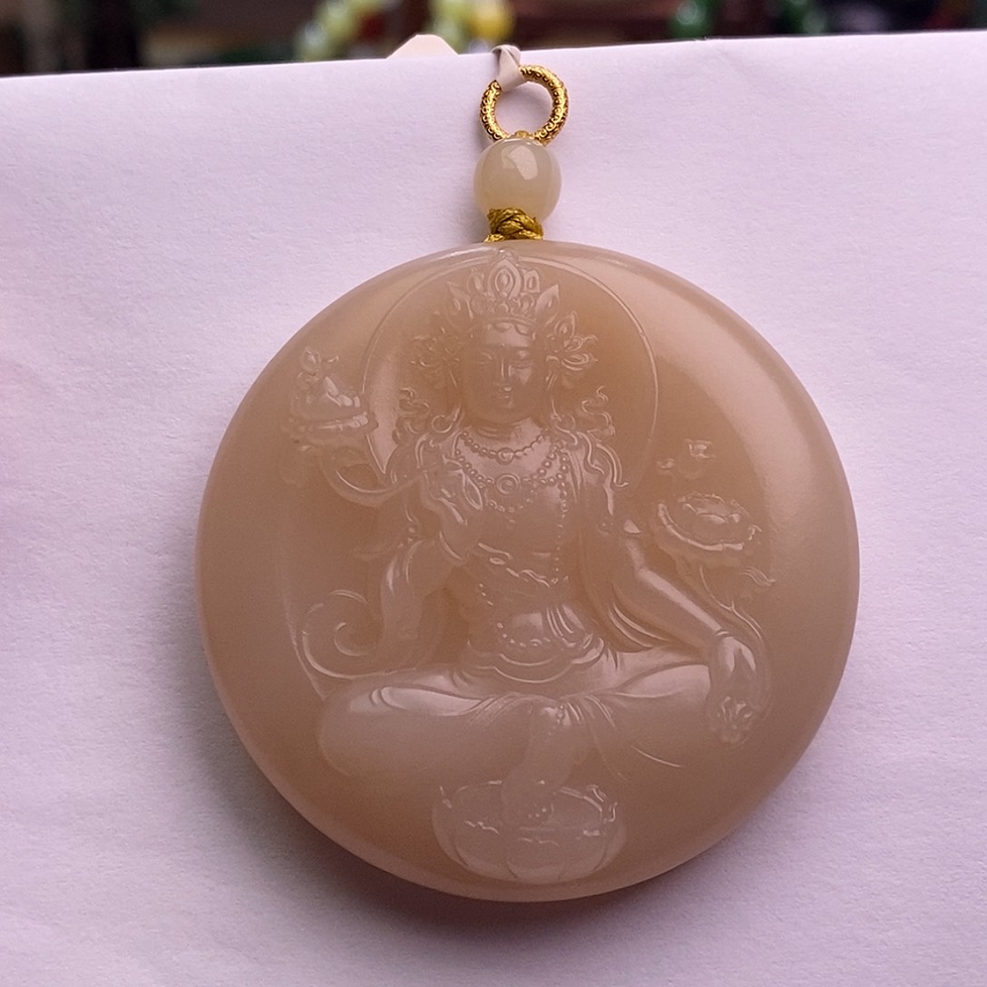 颈饰未镶嵌和田玉红藕粉清货银镶大度母吊坠