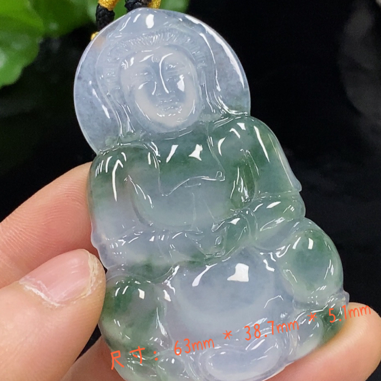 缅甸翡翠A货冰透飘绿花观音翡翠吊坠