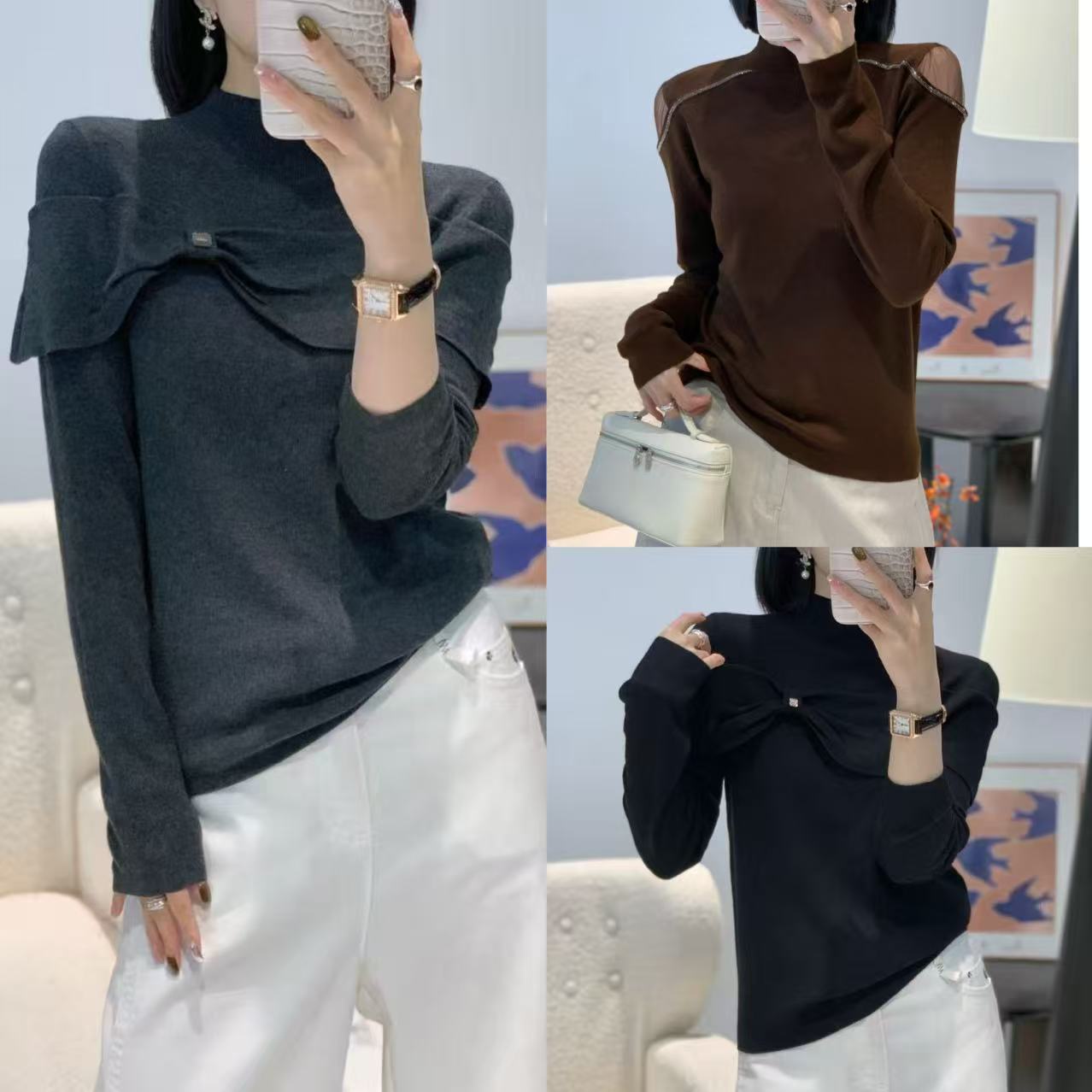 玲家精选11181款号荷叶边半高领针织衫