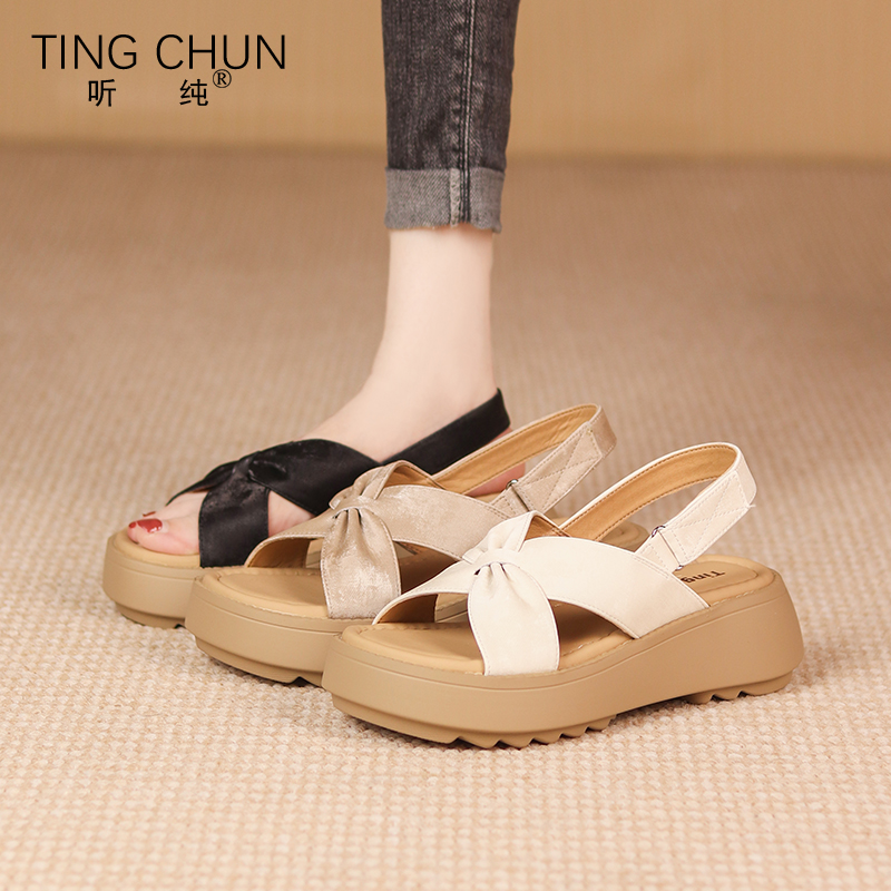 听纯18061夏季2025厚底真皮凉鞋舒适透气软底复古外穿露趾时尚女