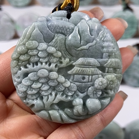 翡翠颈饰未镶嵌山水两面工福利微瑕福利