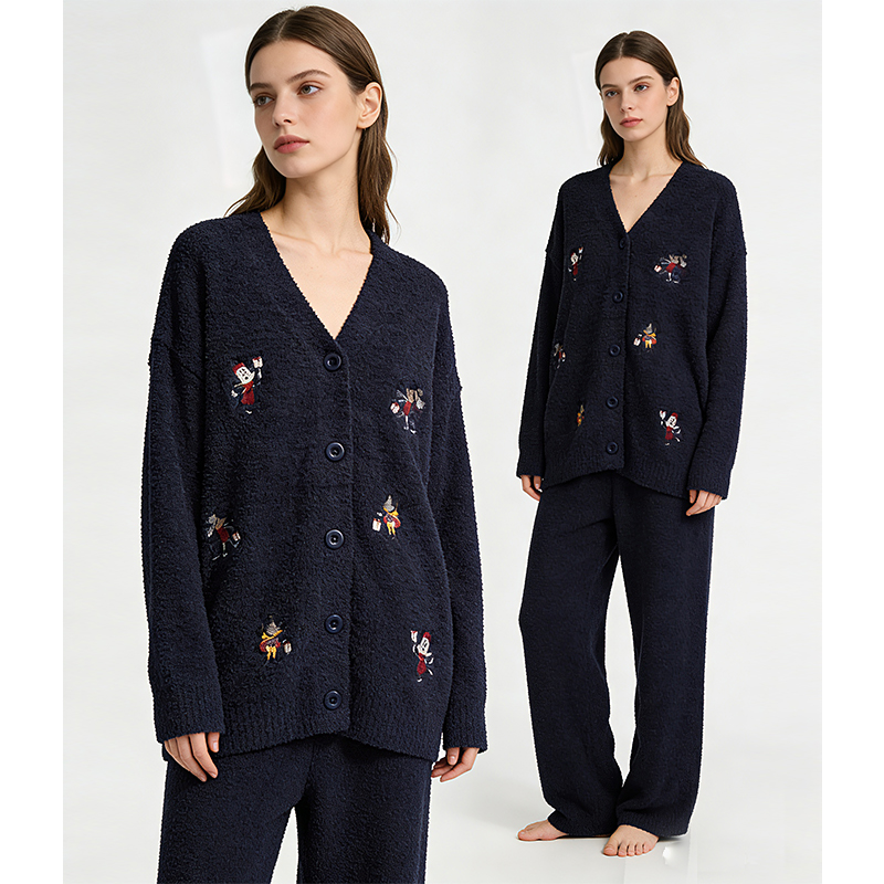 米诗缇【绣花米奇藏青色开衫】小众设计师可外穿长袖长裤家居服套装