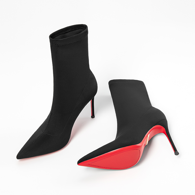 瘦瘦靴2025年新款弹力女靴细跟尖头高跟袜靴红底黑色矩靴秋冬款