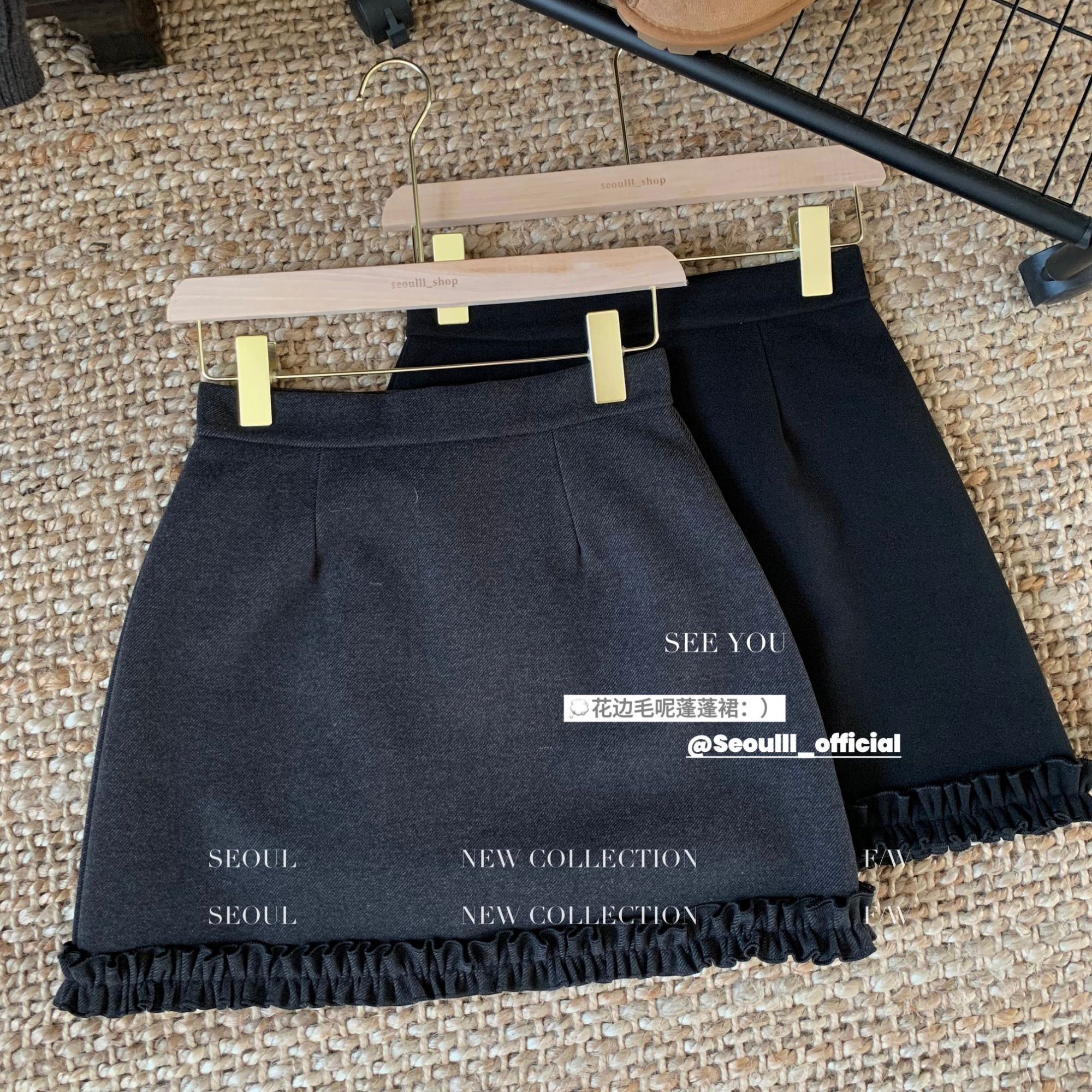 毛呢加厚蓬蓬裙短裙秋冬季新款高腰百搭A字裙木耳花边设计半身裙