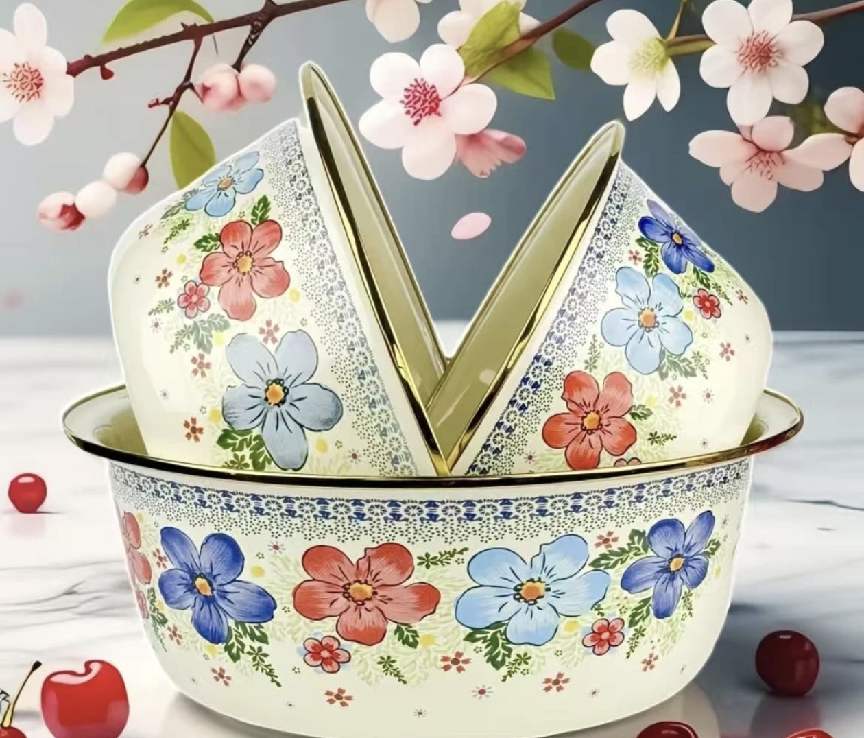特厚碎花搪瓷盆三件套24-28-32