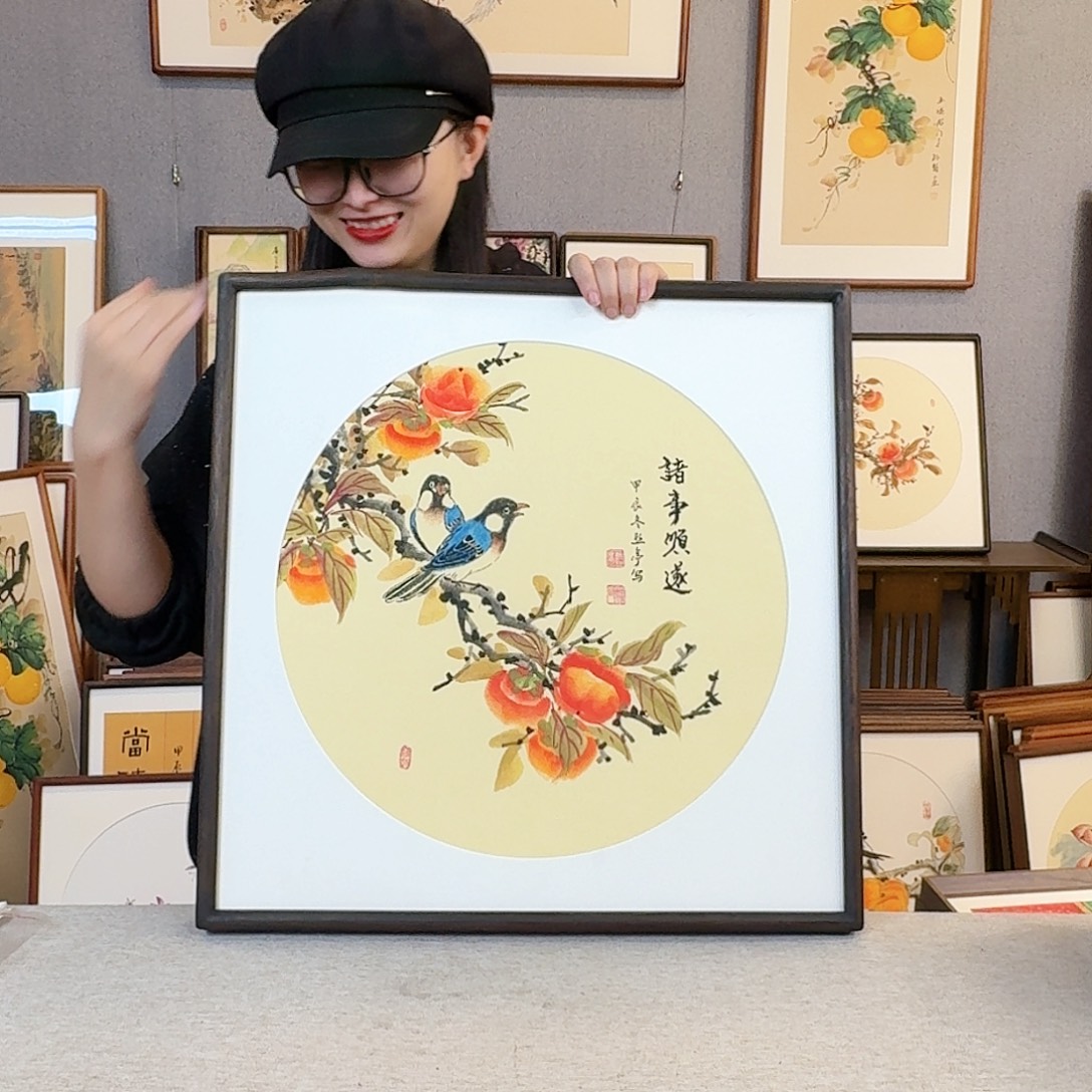 国画纯手绘，纯手写带框尺寸：53×53厘米