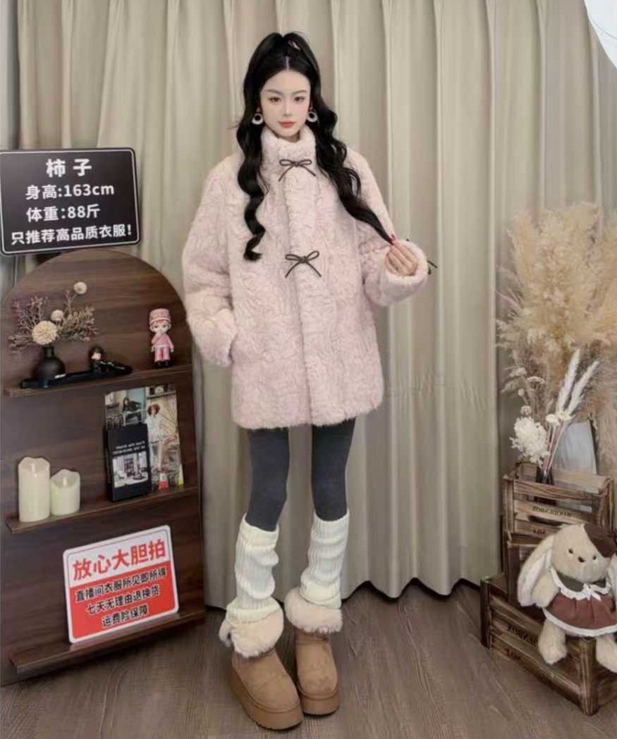 小熊心事 立领染尖皮毛一体外套女2025冬季新款加厚毛毛大衣