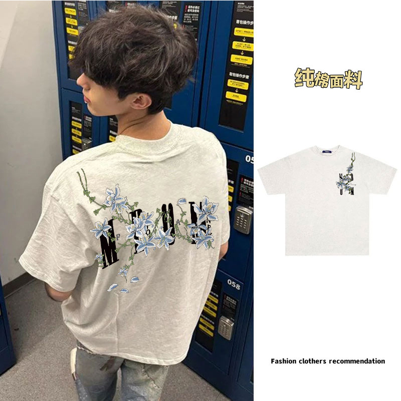 啊泽潮牌藤蔓花卉印花t恤男女夏季短袖oversize纯棉半袖上衣ins