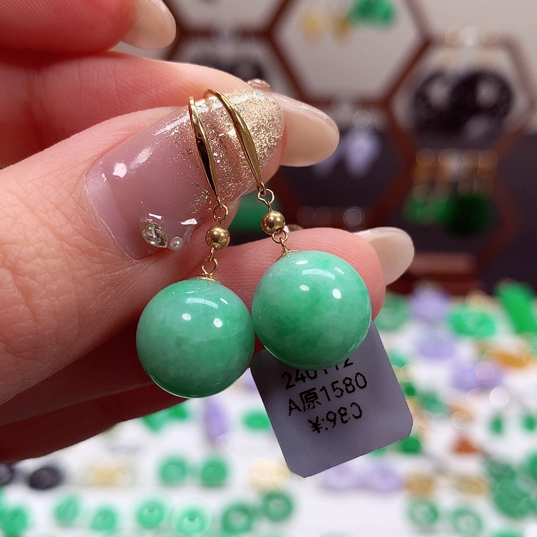 翡翠耳饰18K金镶嵌天然翡翠