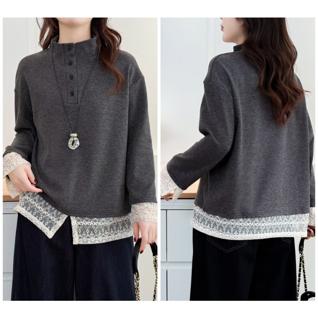 115-195斤大码女装显瘦洋气百搭蕾丝拼接假两件保暖T恤内搭打底衫