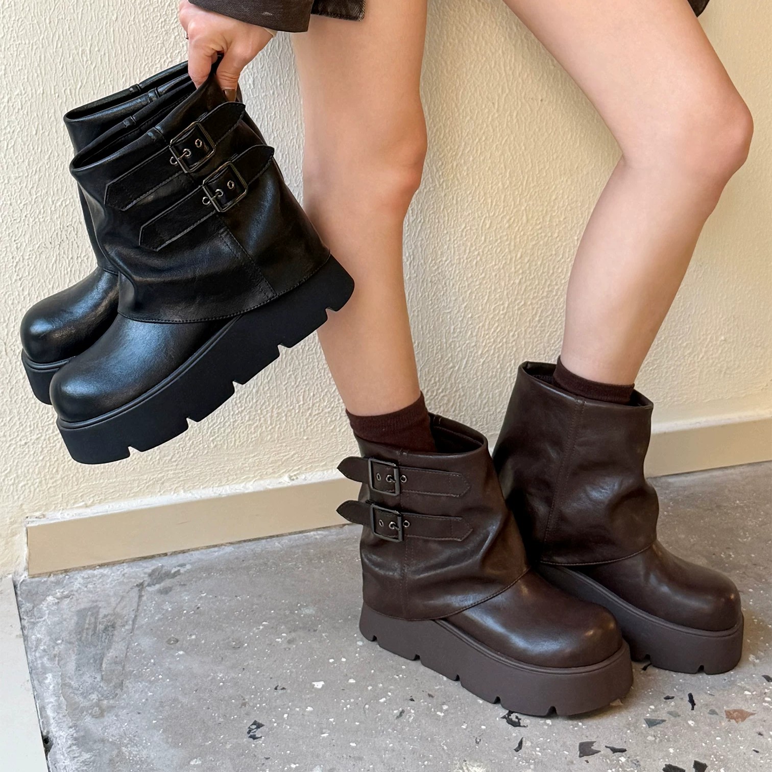 新款配裙子秋冬单靴褶皱显瘦堆堆短靴05916(不加绒)