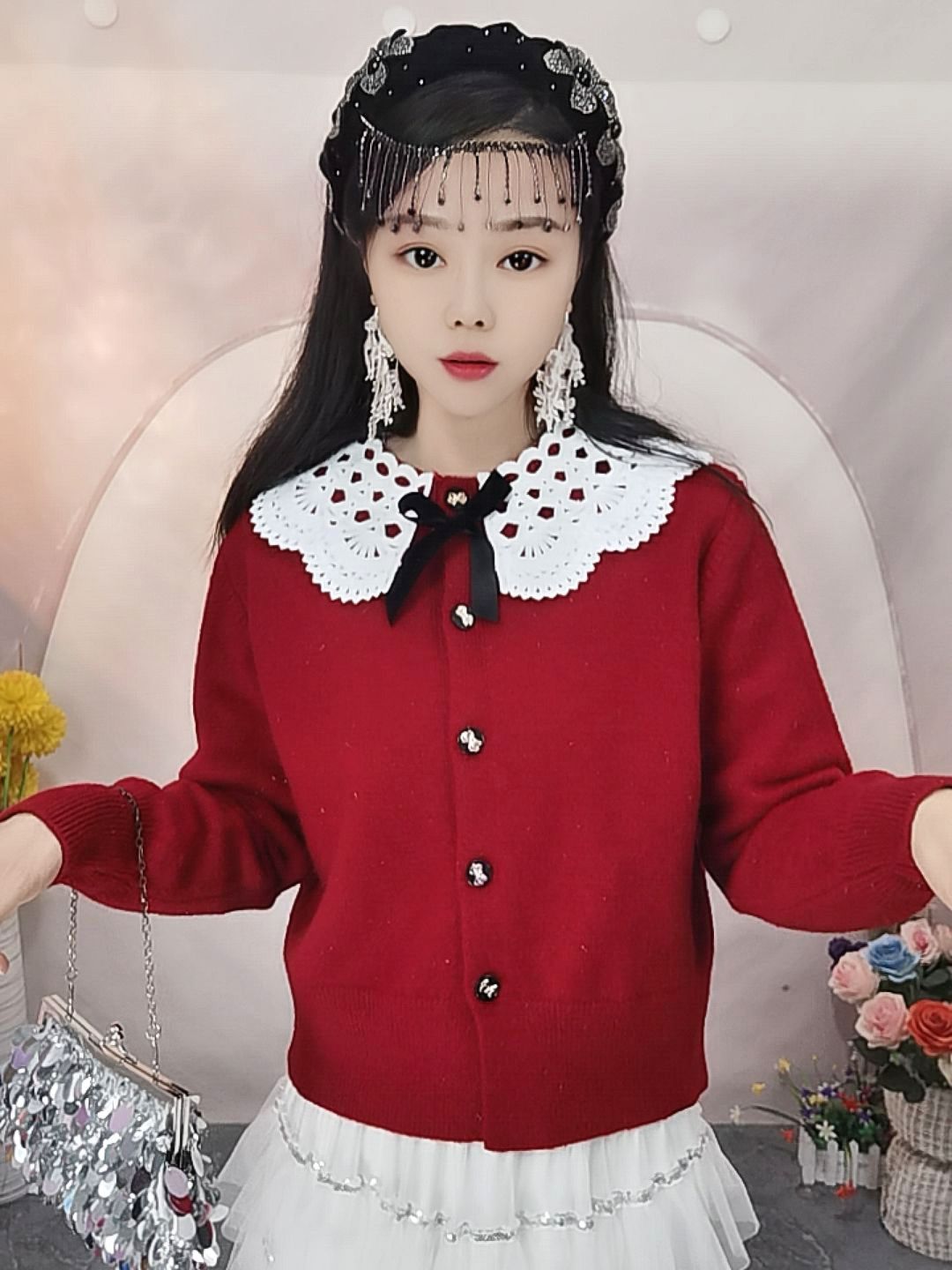 2025新款年奢侈娃娃领蝴蝶结开衫毛衣女秋冬复古甜美设计感上衣