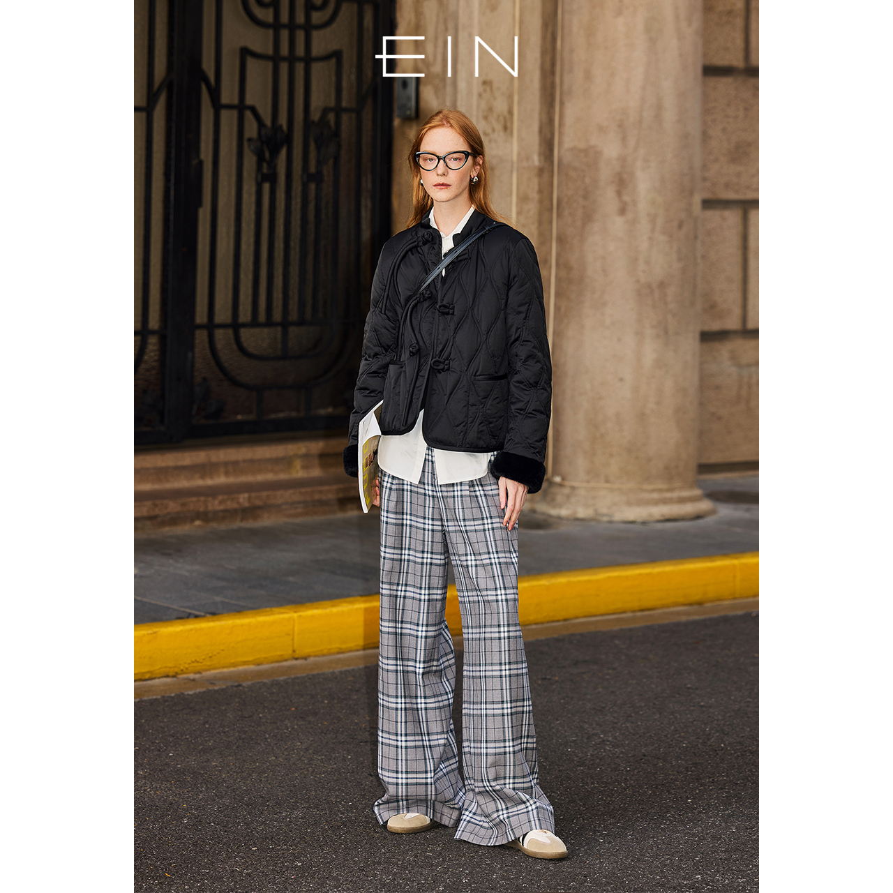 EIN/言时髦知分子学院风绵羊毛格纹文艺复古宽松阔腿裤2025秋款