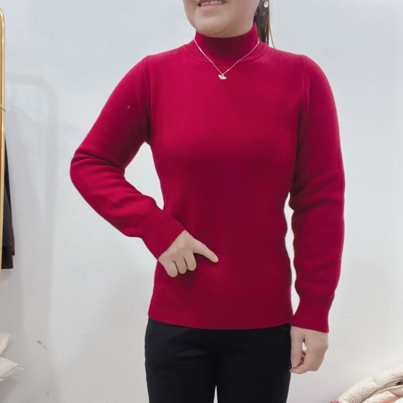 甜歪歪冬季新款一体绒毛衣中领女装针织百搭加绒半高领加厚保暖