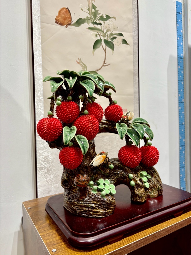 高档34高8果彩蝉荔枝石湾陶瓷卧室家居客厅酒柜摆件创意工艺品