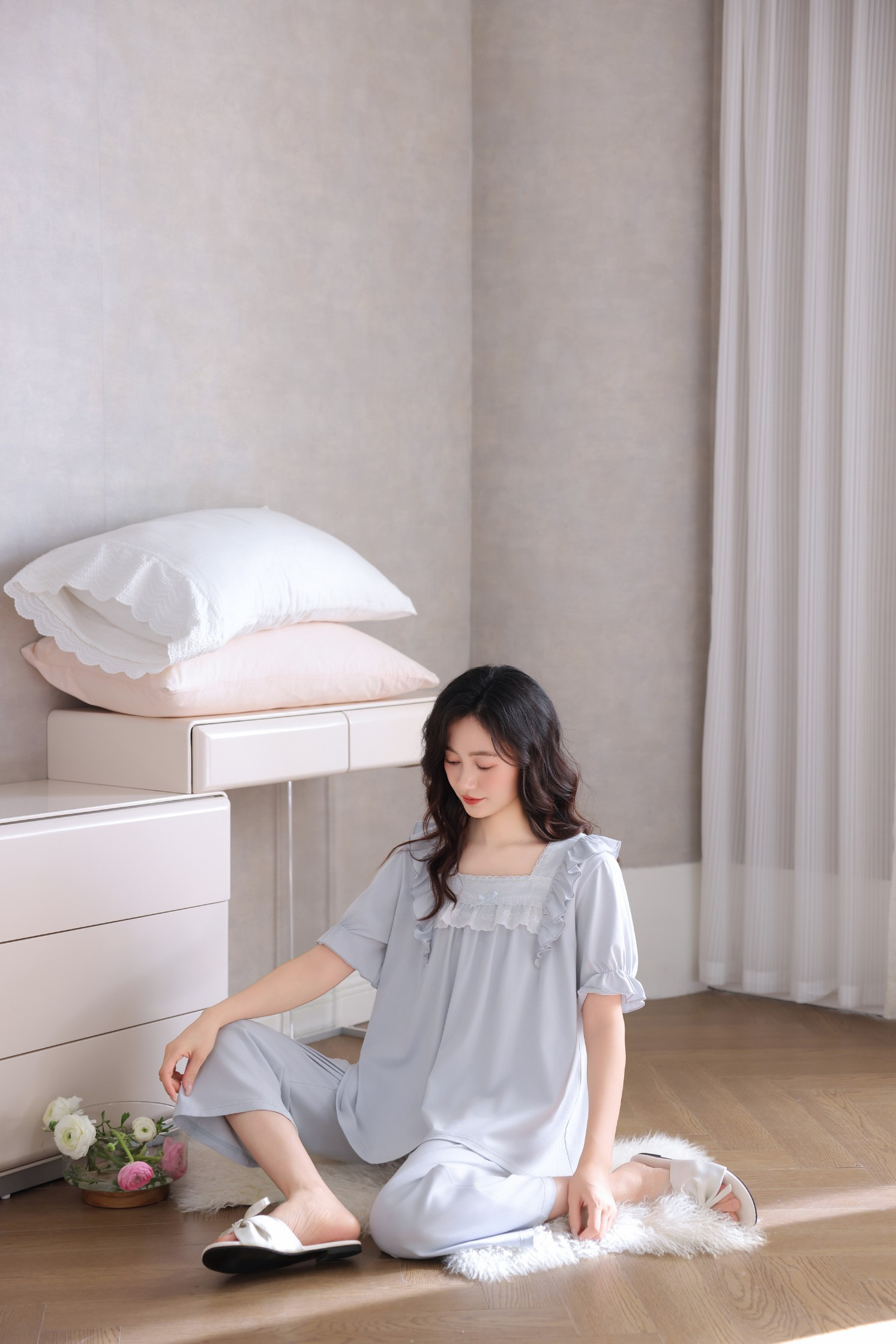 奢丝物语6848女士短袖七分裤睡衣套装舒适甜美家居服