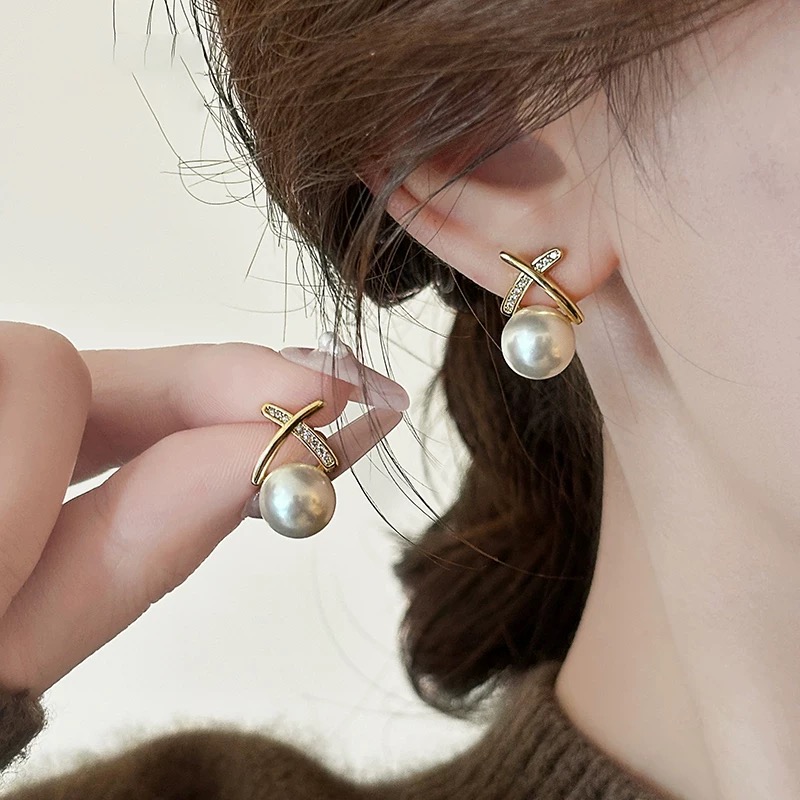 铜合金耳饰 交叉珠珠耳环小众独特耳钉轻奢质大气耳饰女E1550