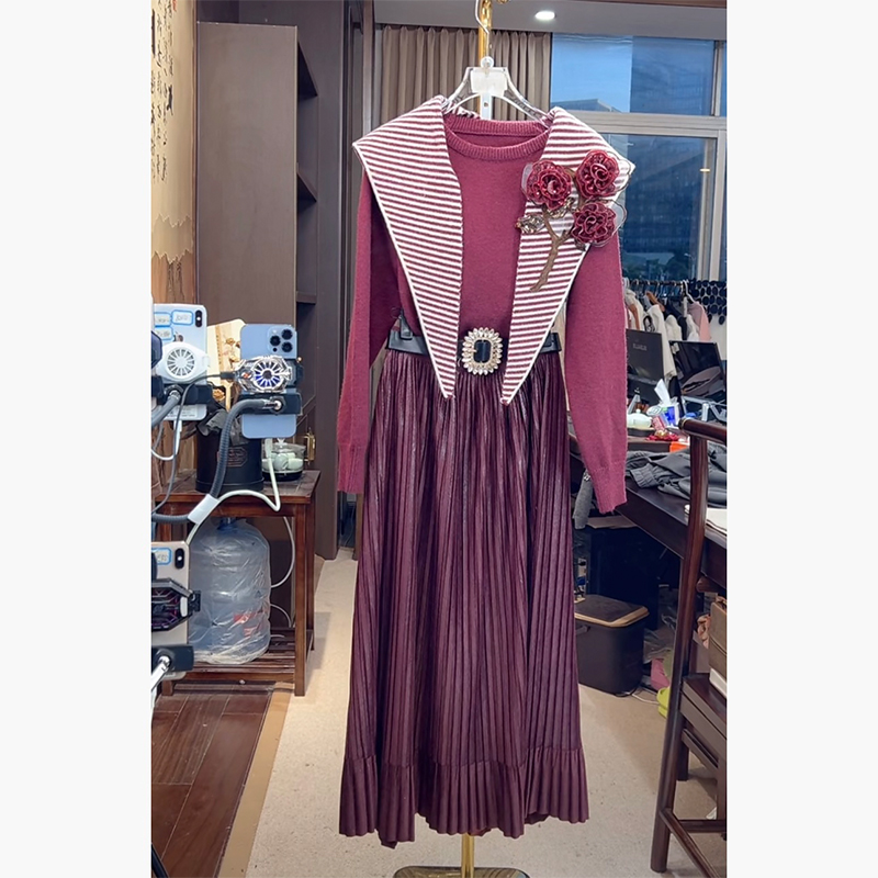 芙娜妮法式条纹裙子披肩设计感保暖上衣圆领半身裙两件套F2431784