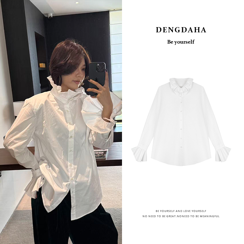 DENGDAHA 「英式街头」花边毛领设计感宽松喇叭袖时尚衬衫 A327