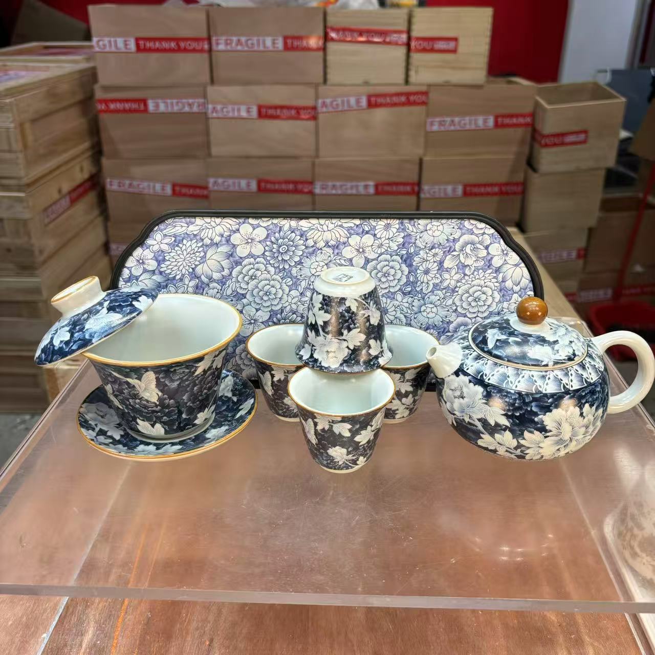 秋香茶具复古青花蓝牡丹西施壶一壶四杯+盖碗+盘（无礼盒）小套装