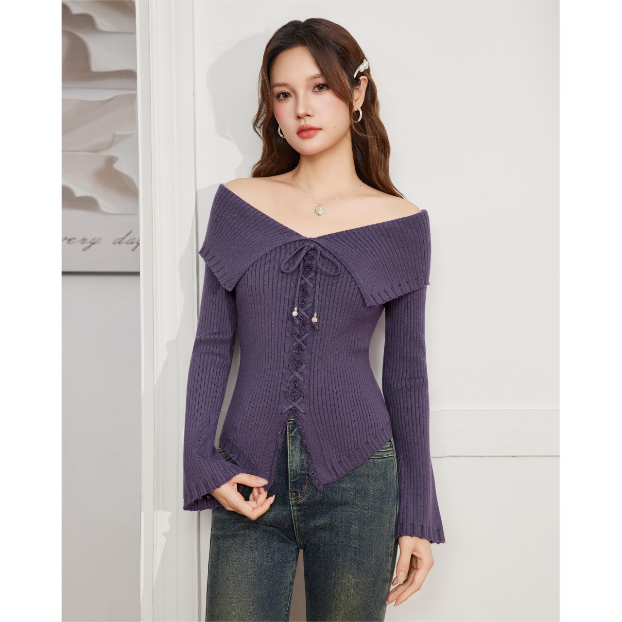 IEF/爱依服2025秋季新款纯欲性感一字肩设计修身显瘦百搭毛织上衣