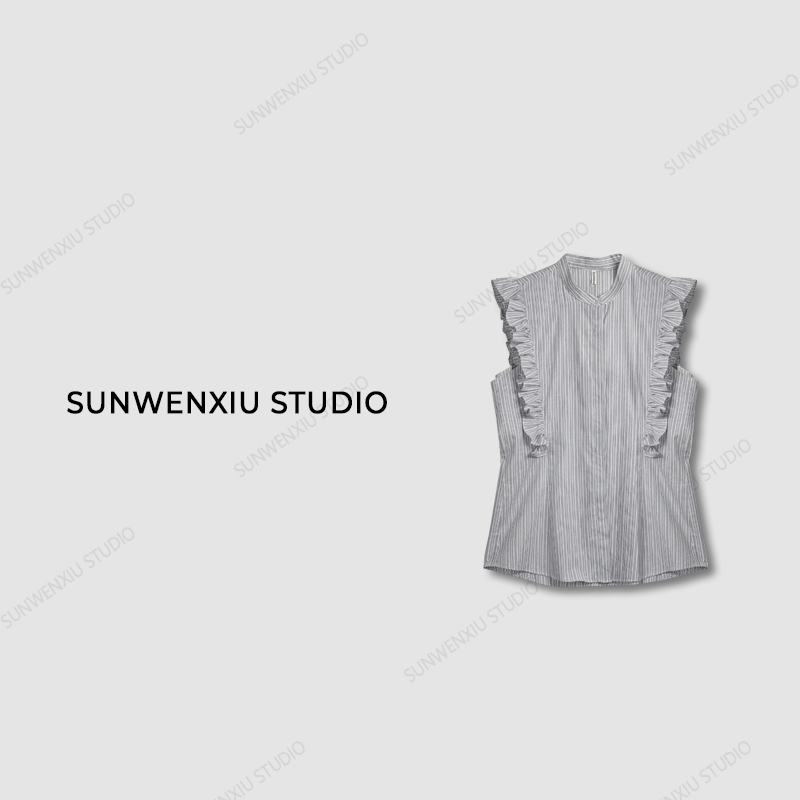 swx studio2店 “下午茶”100%全棉优雅荷叶边无袖条纹衬衣