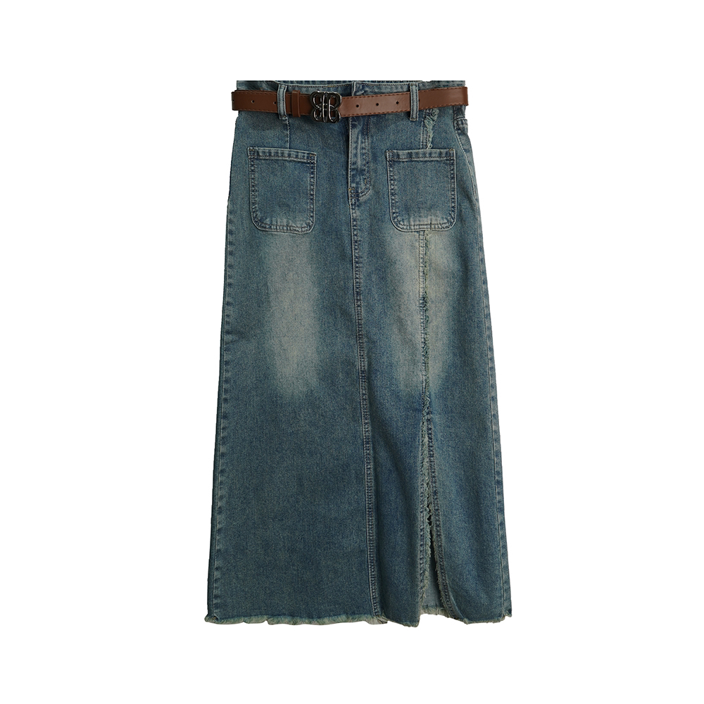 X26133【时髦态度】港风复古侧开叉半身裙高腰a字裙（赠腰带）4C