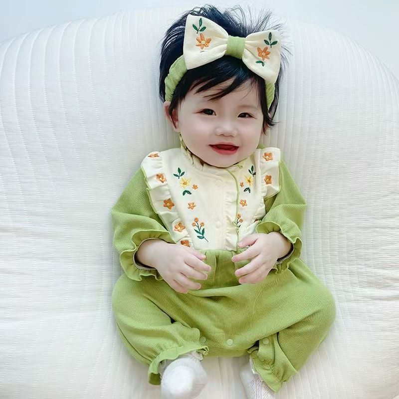 婴幼儿春秋绿色刺绣发带女童外出超洋气公主风长袖连体衣哈衣爬服