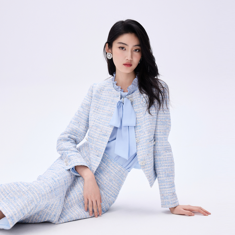 LIME/莱茵【晴·光】法式温柔山茶花粗花呢上衣冰河蓝色LDHA1ACCJ305