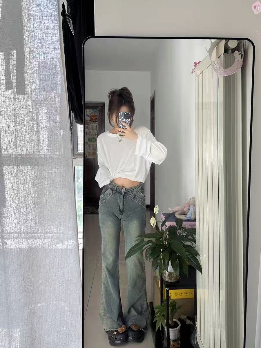水洗做旧微喇叭牛仔裤垂感拖地显瘦百搭长裤修身