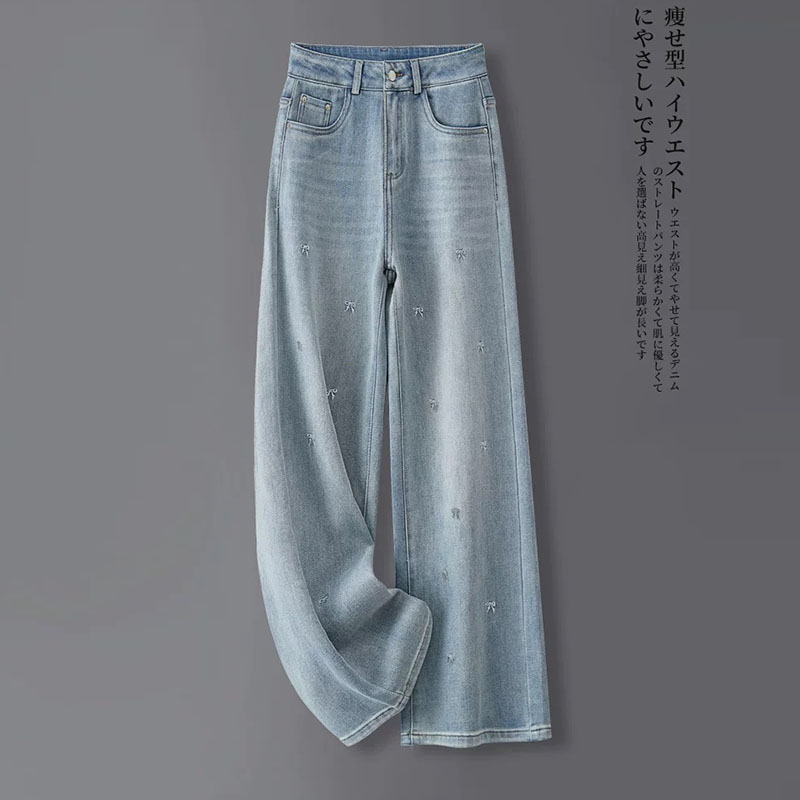 高腰显瘦牛仔裤女春季新款蝴蝶结绣花宽松直筒垂感百搭浅色拖地裤