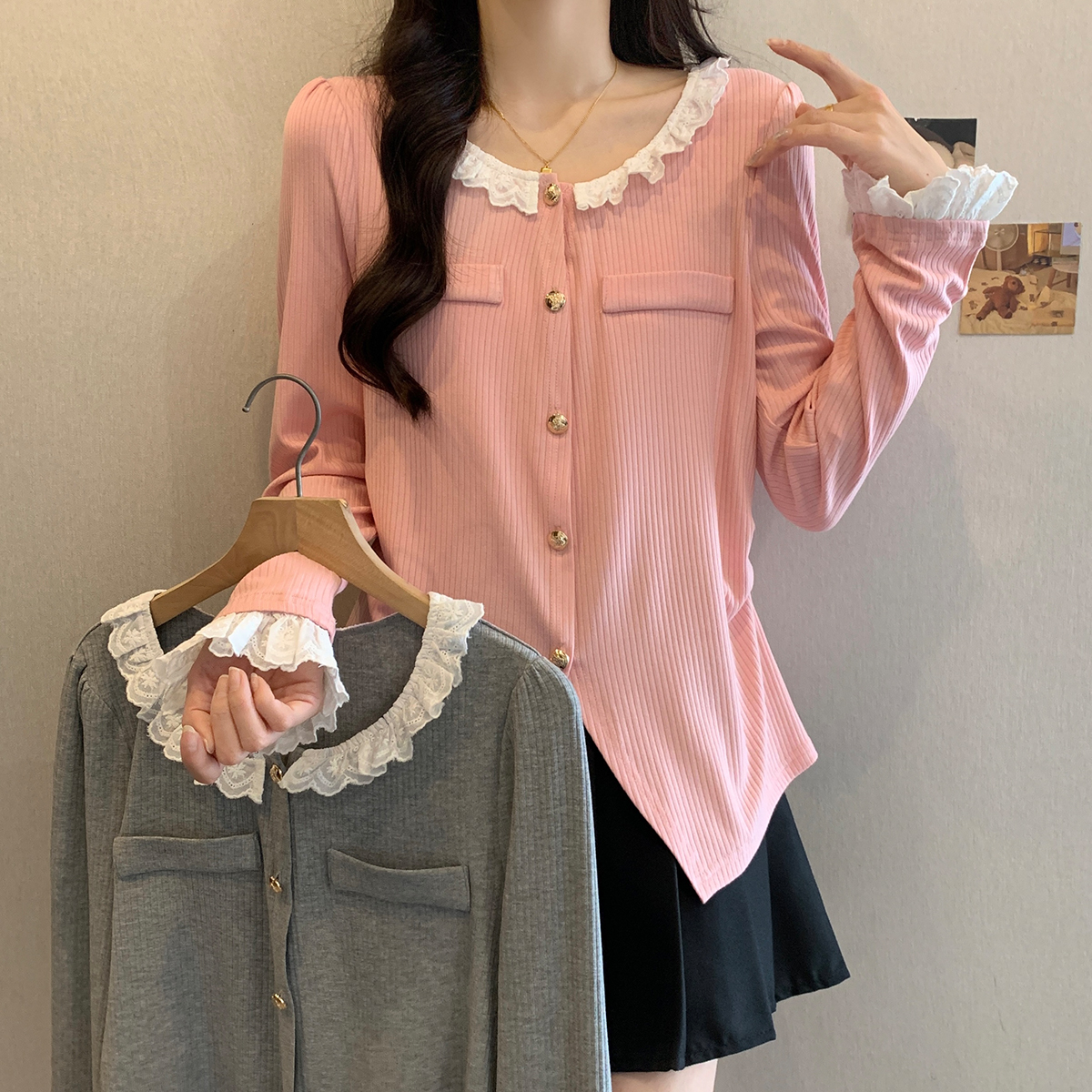 大码美美哒春季小香风甜美蕾丝花边打底衫修身显瘦内搭上衣63933