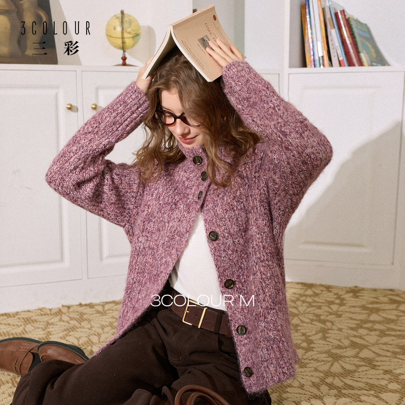 三彩2025冬季新款针织衫立领宽松落肩袖开衫外套保暖上衣复古M