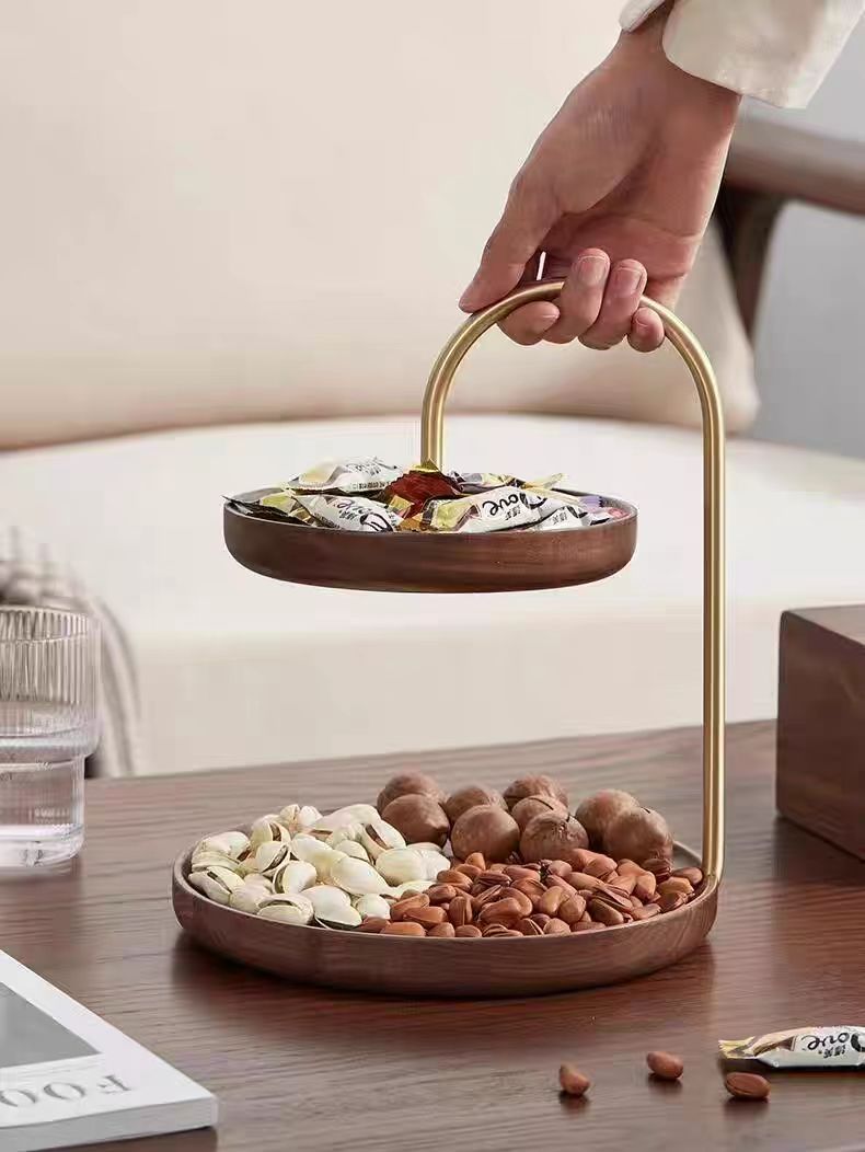 辰物家北美黑胡桃实木玄关钥匙双层果盘桌面摆件首饰置物架24*20