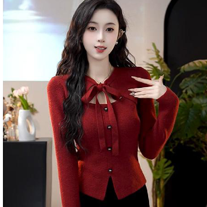 圆脸酥风吹过海秋冬红色小香风假两件蝴蝶结针织衫