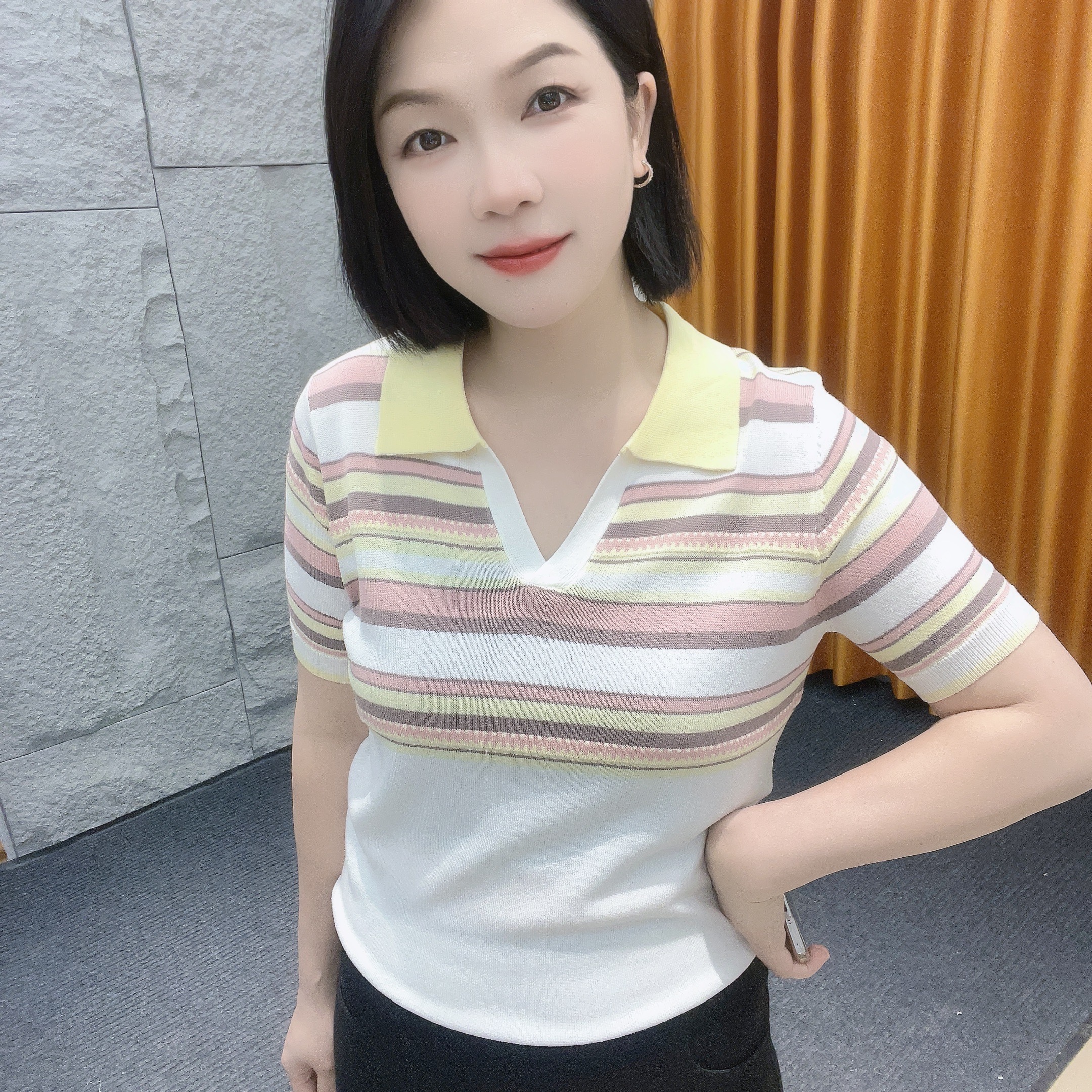5066夏季微胖女装短袖【大米家专属】撞色条纹高腰POLO领薄款针织衫