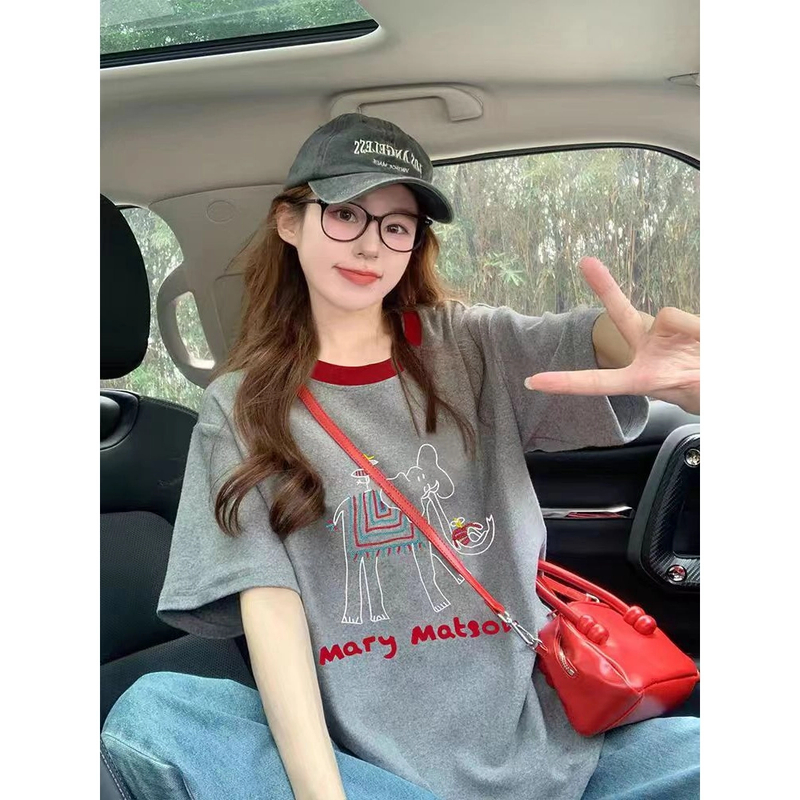 灰色大象短袖t恤女2025新款夏季撞色韩复古减龄宽松显瘦休闲8888