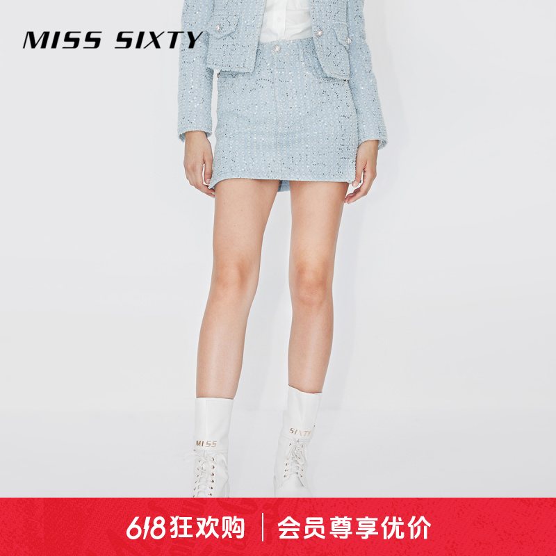 MissSixtyA字春季半身裙亮片刺绣高腰女装半身裙牛仔短裙女重工