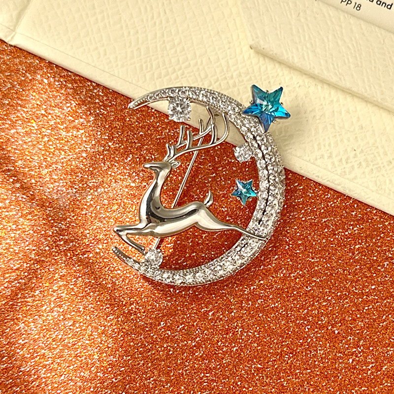 铜合金仿水晶胸针 【披星戴月】轻奢施家水晶精致小鹿胸针R0608