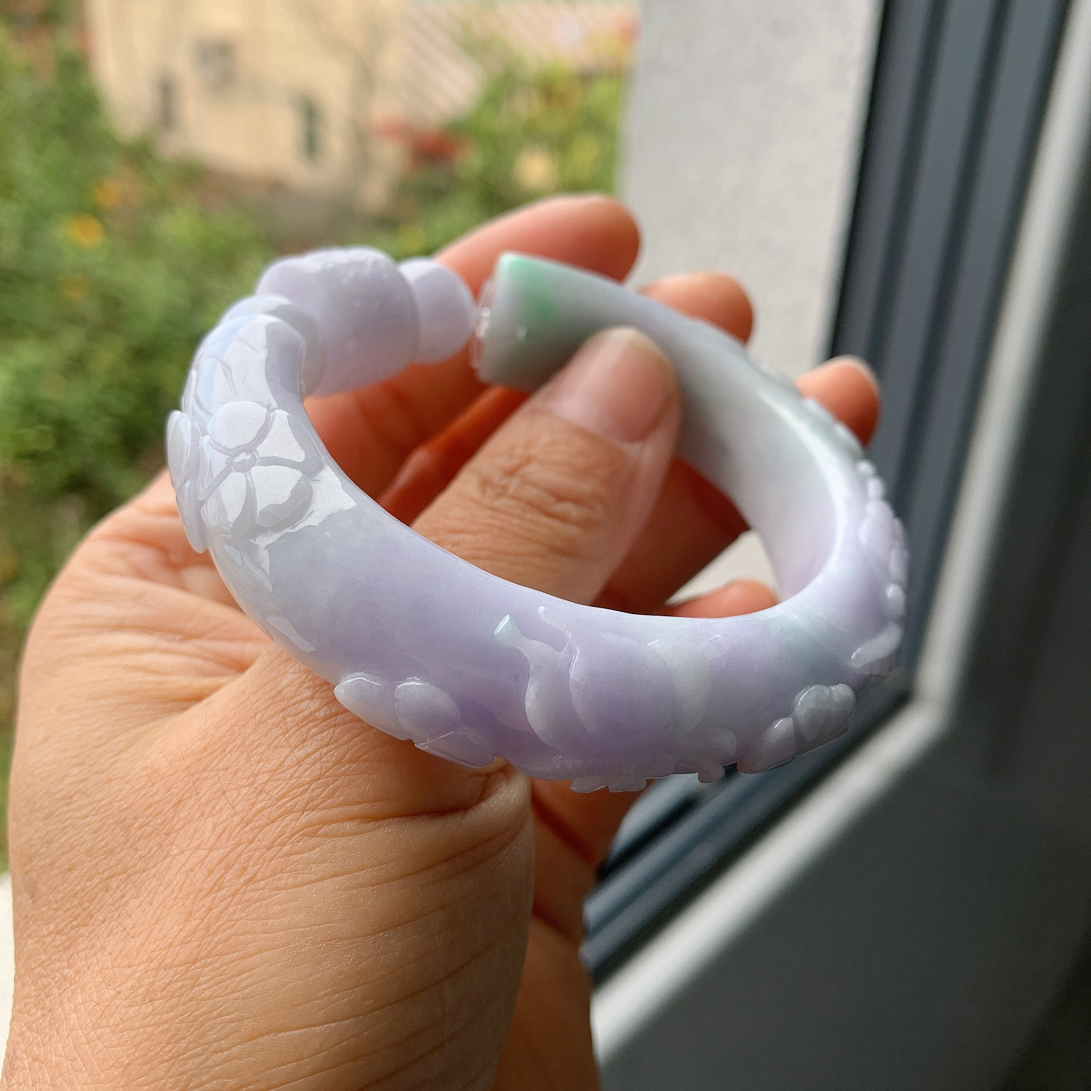 翡翠A货紫绿梅花开口手镯54.5-15.4-10.5