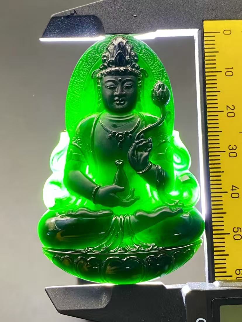 娜年翠玉 翡翠缅甸a货墨翠守护神*大势至菩萨 老坑高冰 精品挂件