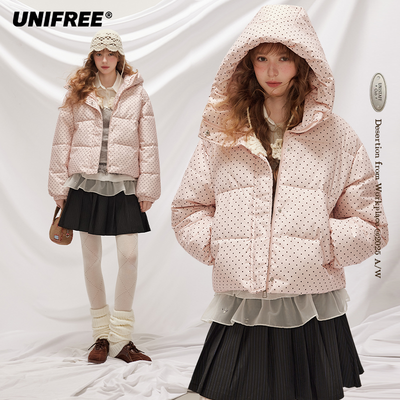 UNIFREE美式波点棉服女冬季新款甜美加厚保暖奶fufu显瘦面包上衣