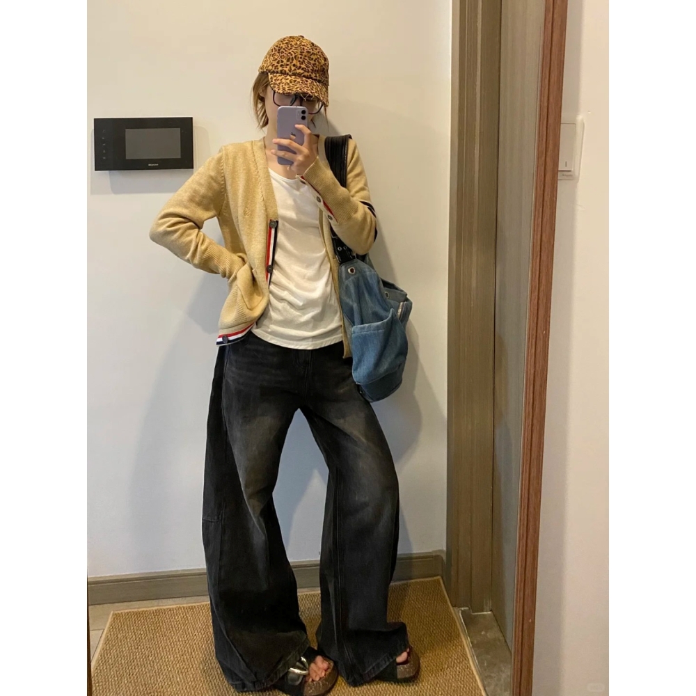 复古水洗慵懒感黑灰色牛仔裤女秋季高腰宽松显瘦直筒拖地喇叭裤子