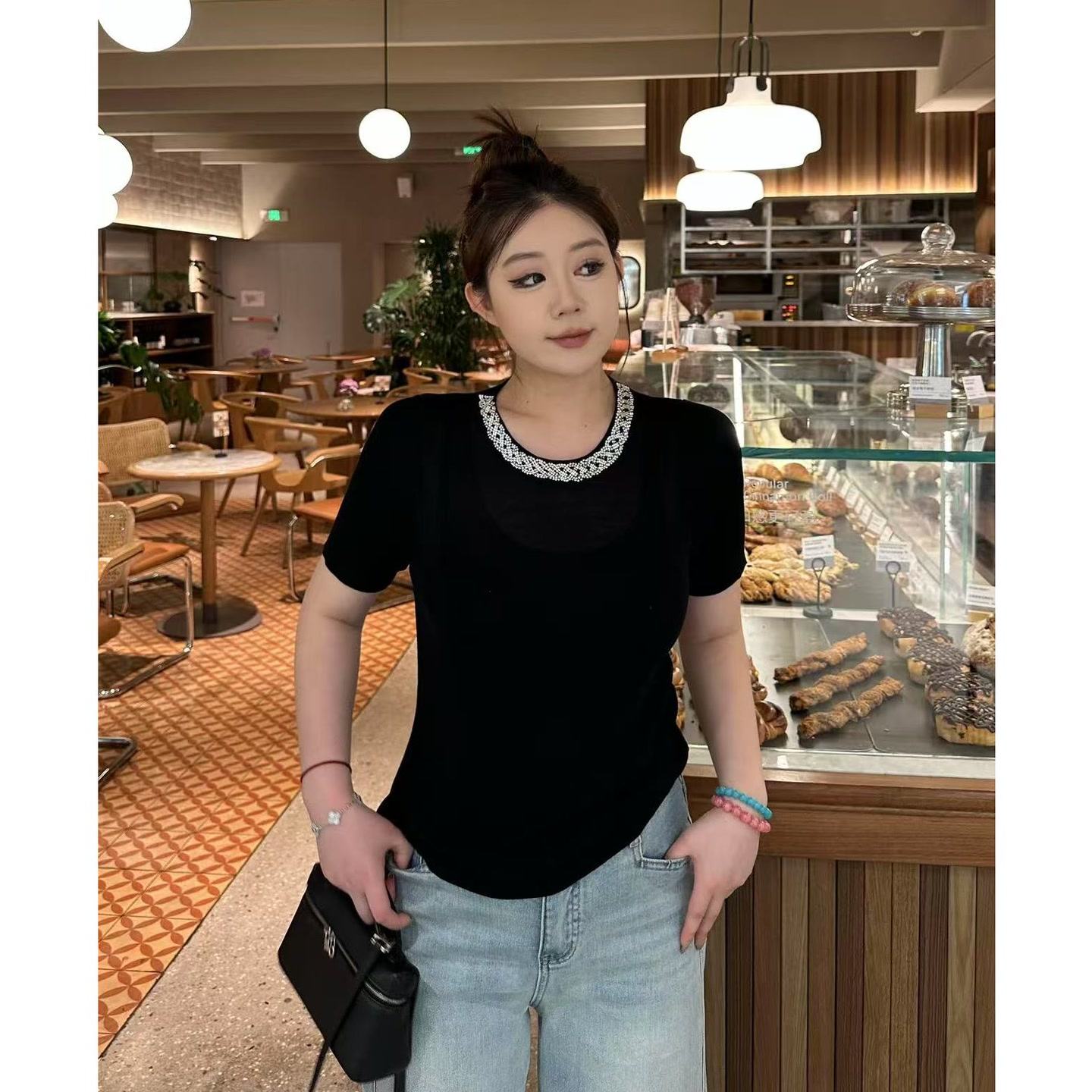 琪琪怪怪大码女装【约会法则】重工气质烫钻薄款针织短袖T16915QTQ