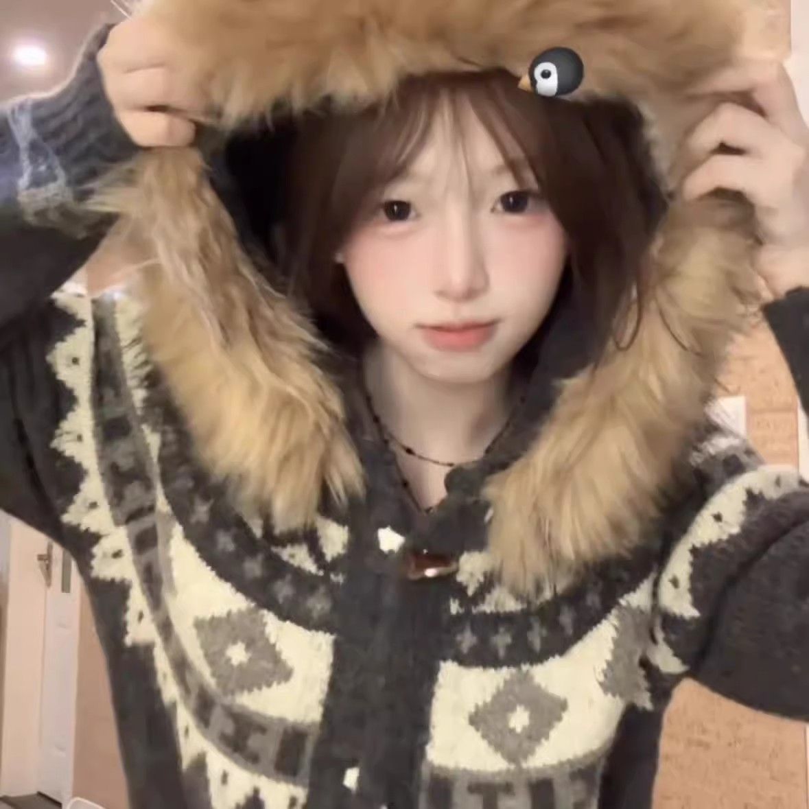 小香风条纹别样秋冬季加厚撞色费尔岛提花可拆卸毛领针织衫毛衣