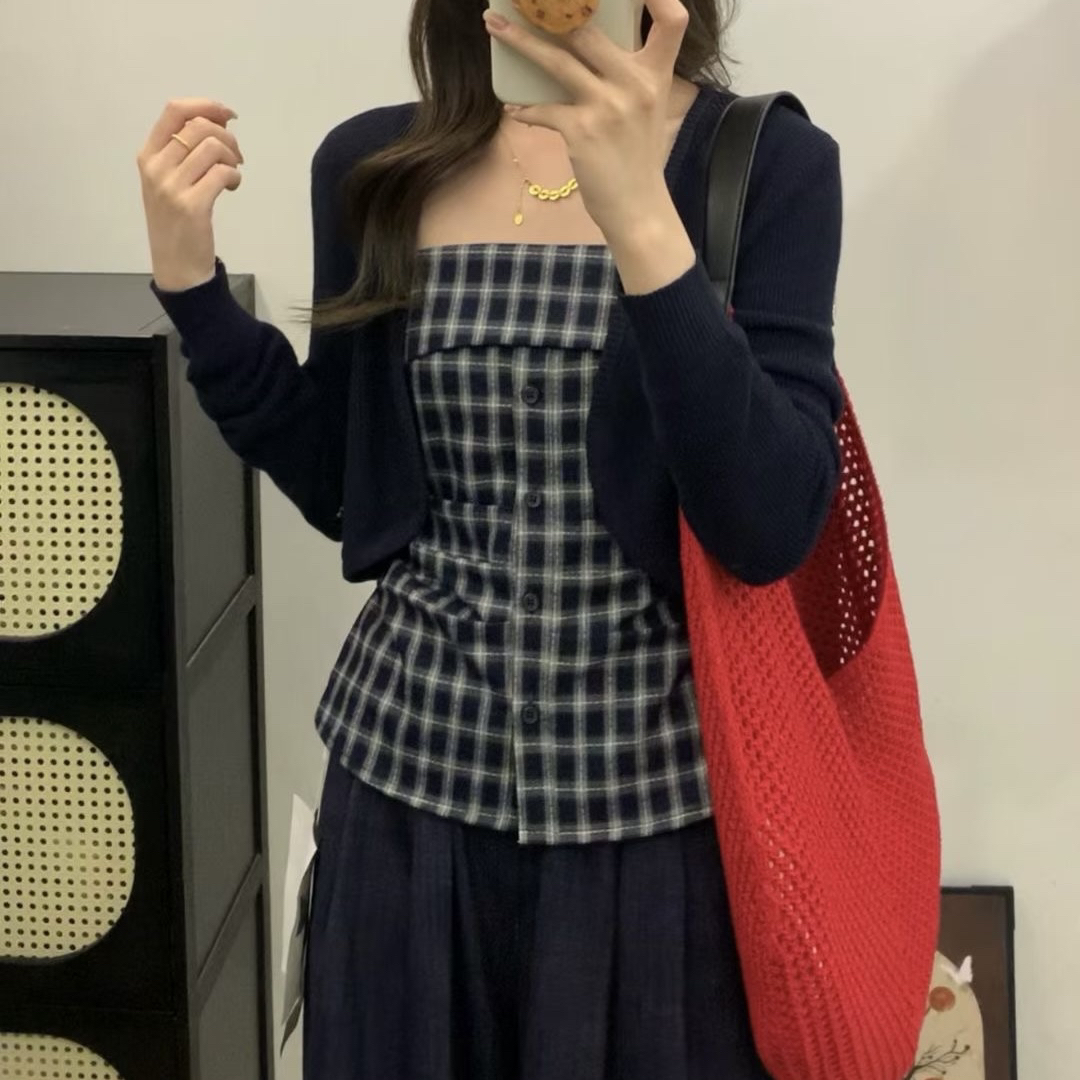 格子吊带背心+针织开衫两件套上衣女2025秋季新款韩系潮