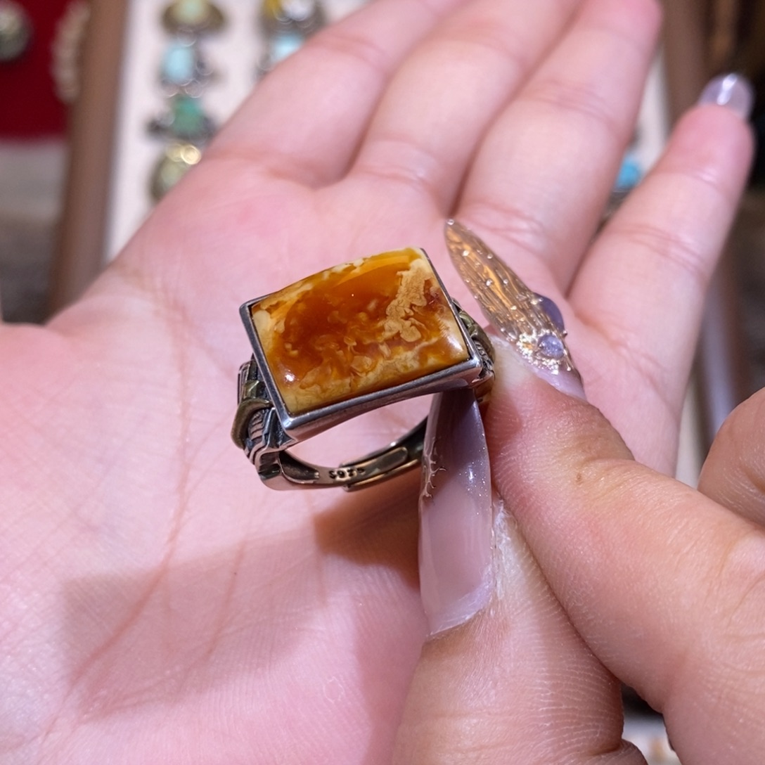 琥珀戒指银S925镶嵌戒指