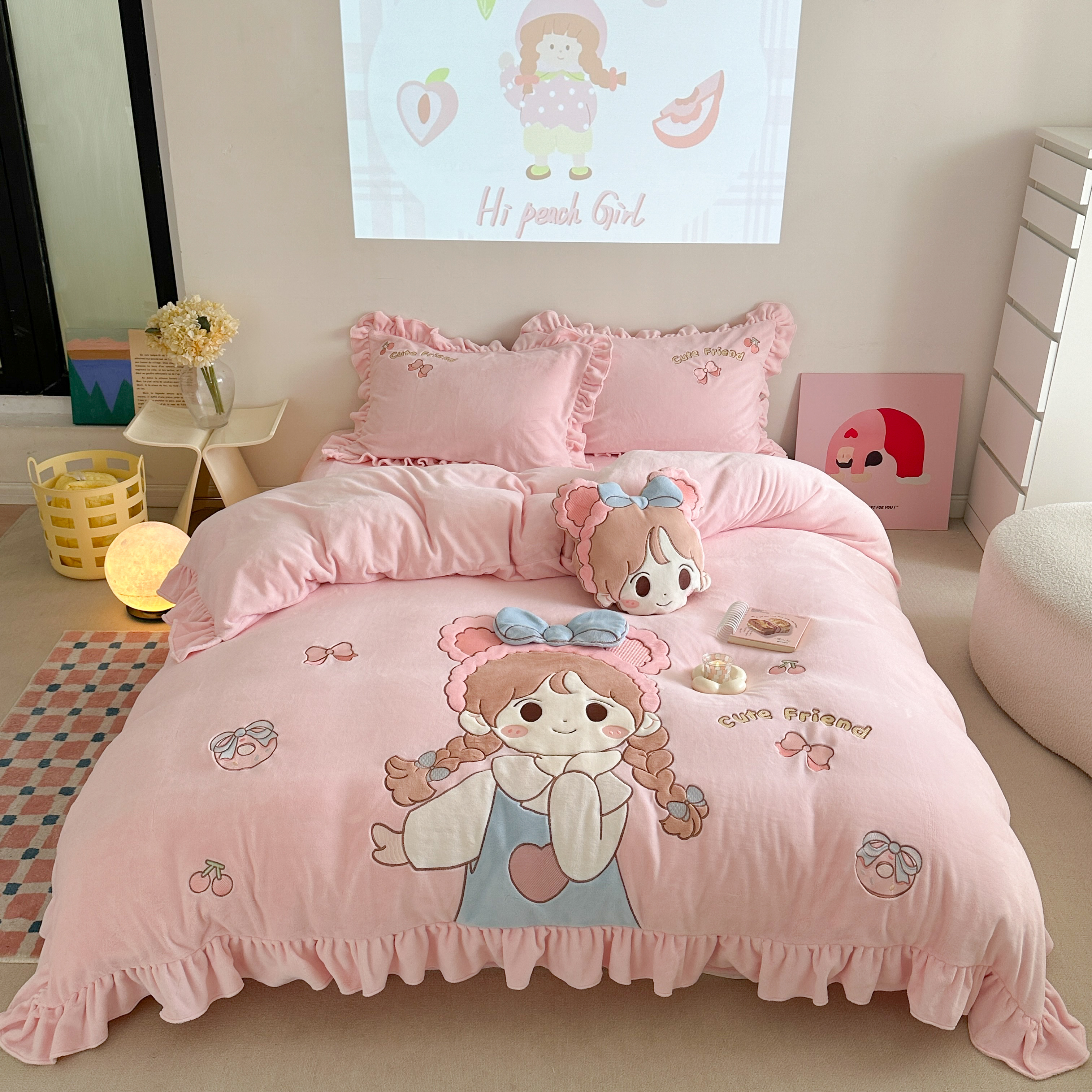 小女孩 9斤高克重牛奶绒四件套 A类全消光不掉毛抗静电不跑被加厚