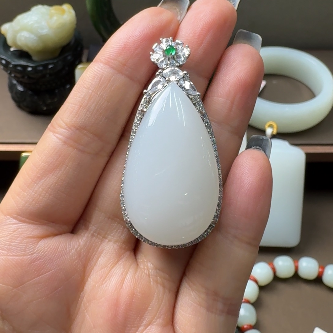 和田玉银S925镶嵌吊坠(不含链)