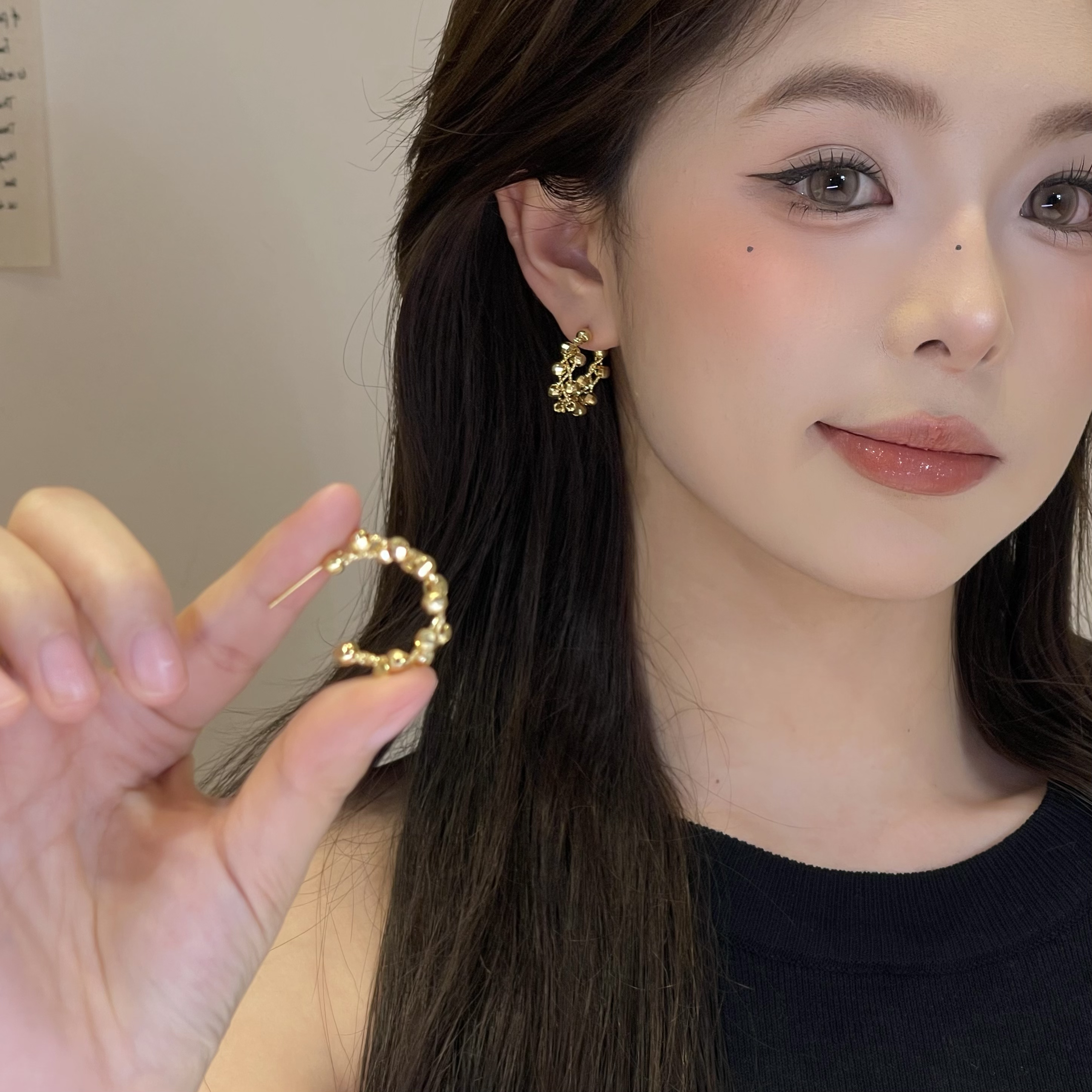  F174金色转运珠拼接耳钉高级百搭小众简约气质时尚